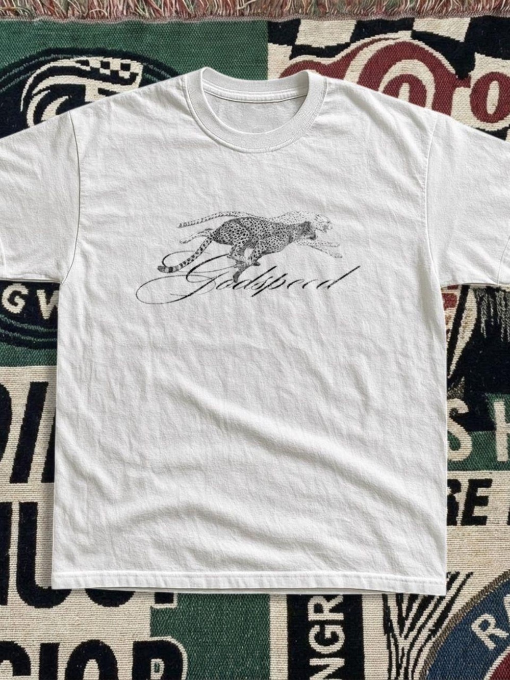 White Graphic Tee with Cheetah Script